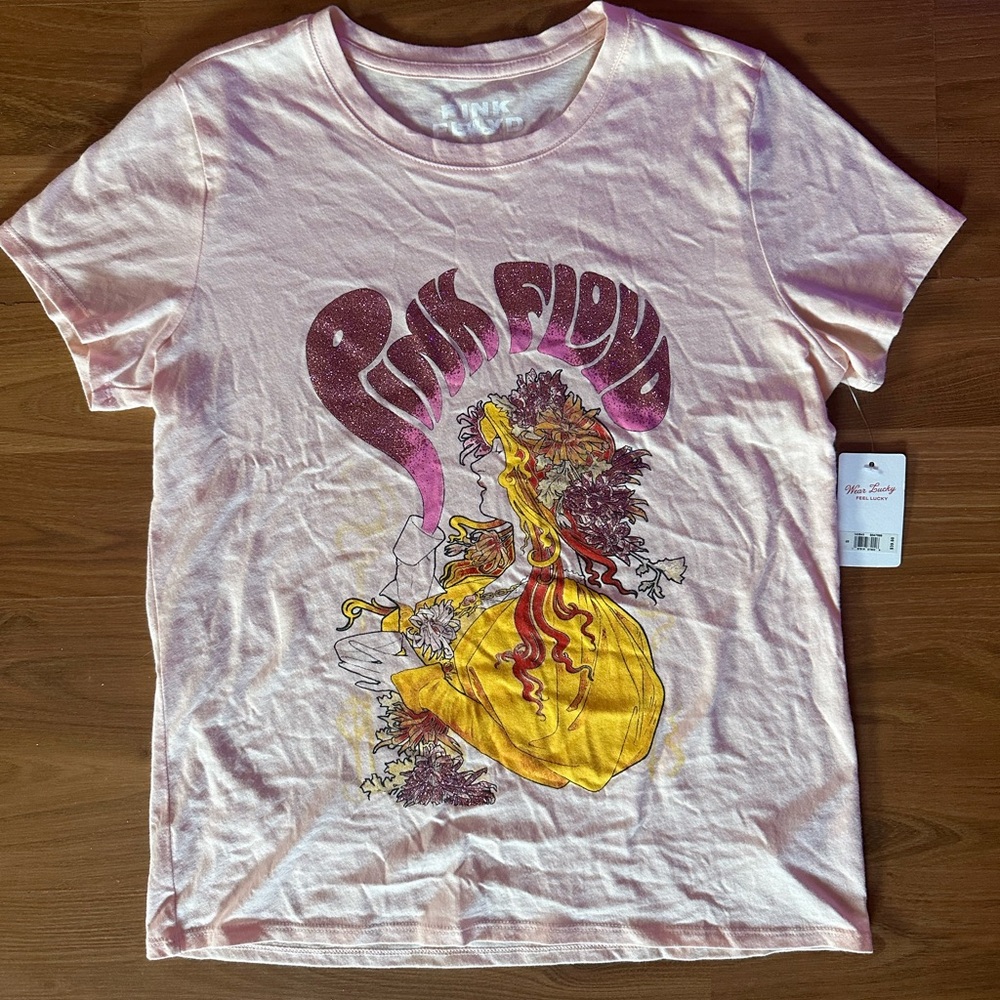 Lucky Brand Light Pink Tee with glitter Pink Floyd logo